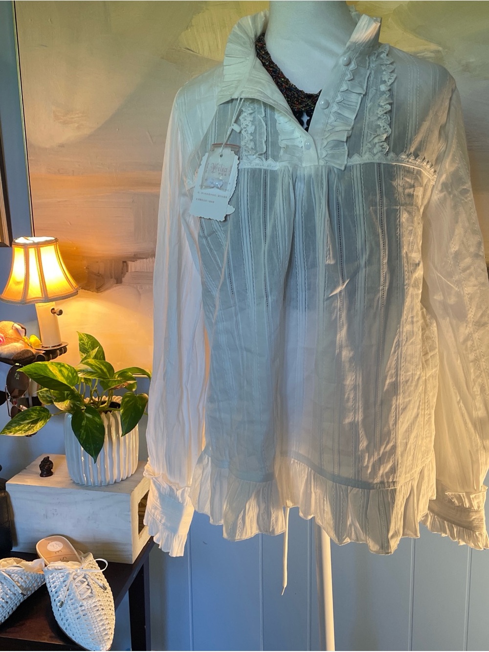 ILIA Sheer Ruffled Ivory Tunic Blouse